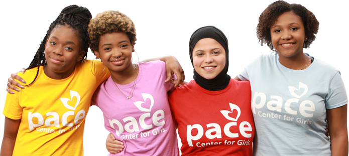 Four Pace girls in different color Pace logo t-shirts